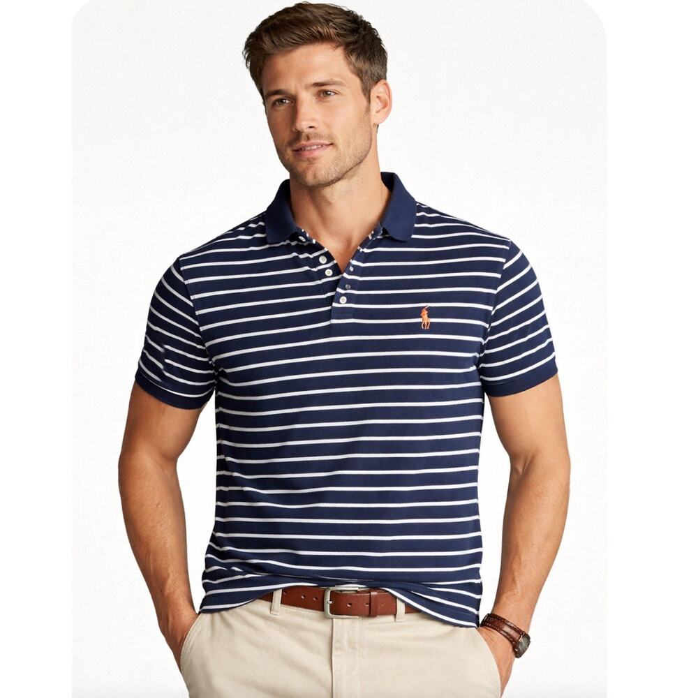 Ralph Lauren Polo Mens Shirt XL Blue White Striped Short Sleeve Rugby Soft Touch
